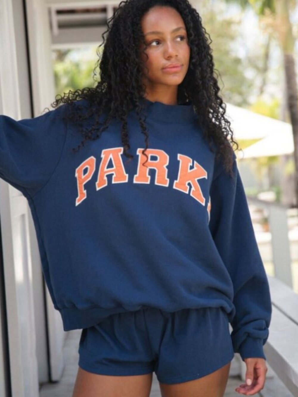 Parke Navy Mock Neck Sweatshirt, Orange Letter Patch American Retro Casual Set